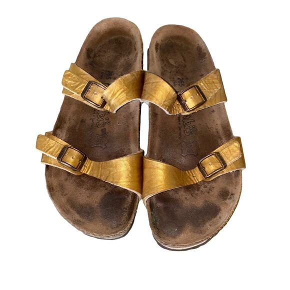 Birki's by Birkenstock soft footbed big buckle sandals Gold L10 M8 - Picture 1 of 12